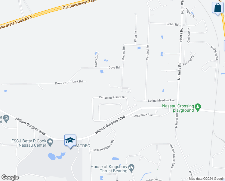 map of restaurants, bars, coffee shops, grocery stores, and more near 76125 Parrot Way in Yulee