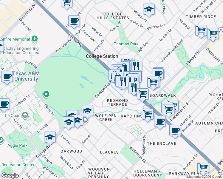 map of restaurants, bars, coffee shops, grocery stores, and more near 1614 Armistead Street in College Station