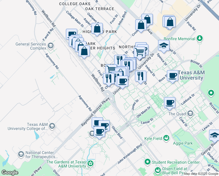 map of restaurants, bars, coffee shops, grocery stores, and more near 105 University Drive in College Station