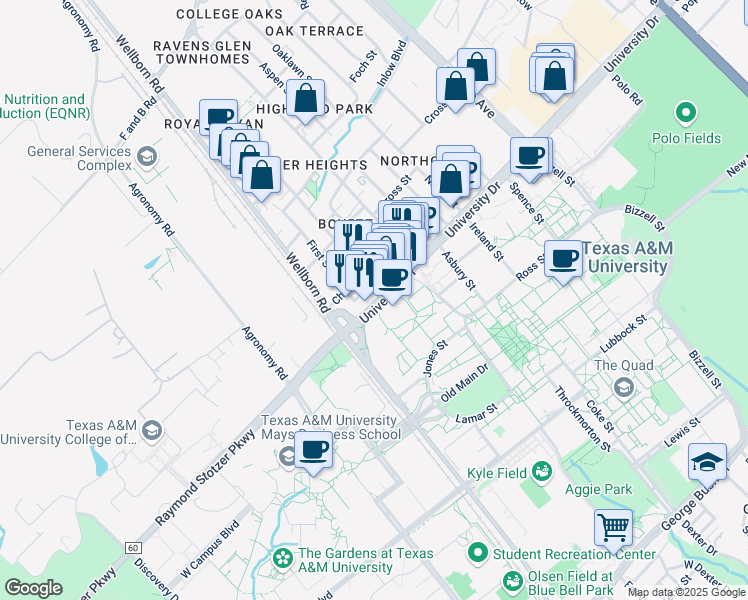 map of restaurants, bars, coffee shops, grocery stores, and more near 211 University Drive in College Station