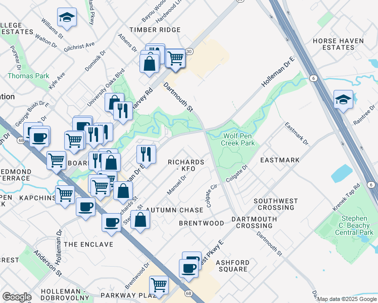 map of restaurants, bars, coffee shops, grocery stores, and more near 309 Sterling Street in College Station