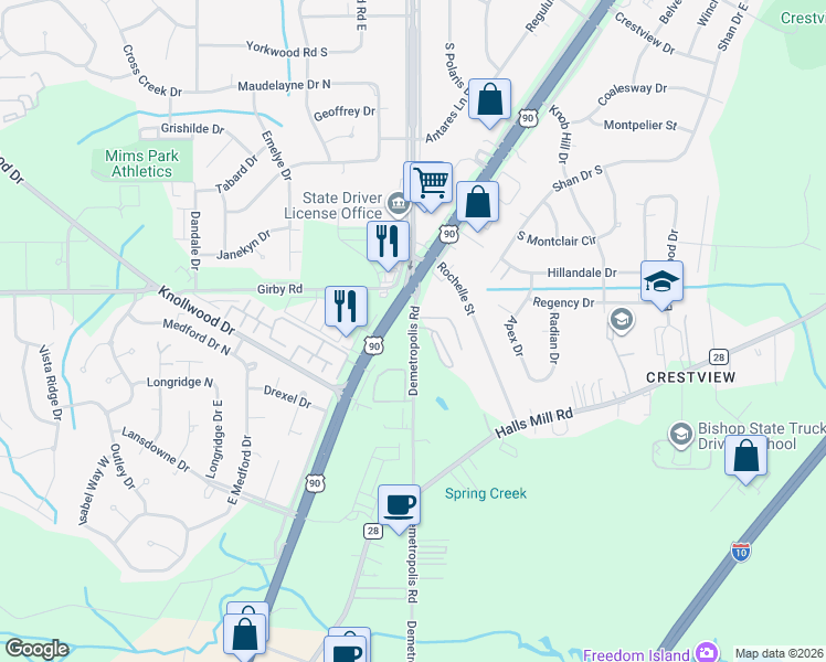 map of restaurants, bars, coffee shops, grocery stores, and more near 3651 Demetropolis Road in Mobile