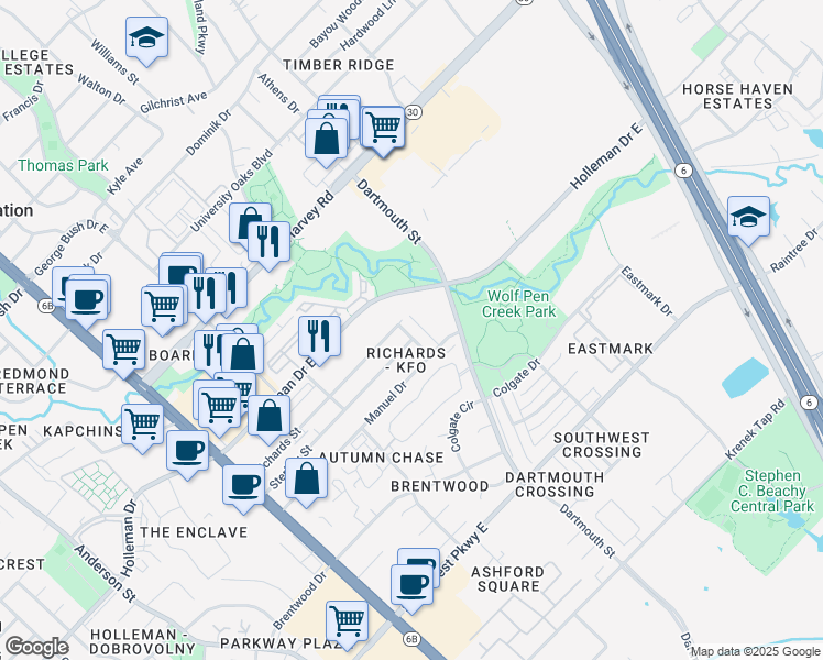 map of restaurants, bars, coffee shops, grocery stores, and more near 309 Sterling Street in College Station