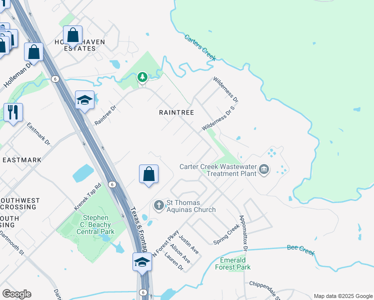 map of restaurants, bars, coffee shops, grocery stores, and more near Sumter Drive in College Station