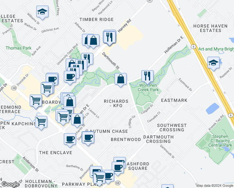 map of restaurants, bars, coffee shops, grocery stores, and more near 2103 Crest Street in College Station
