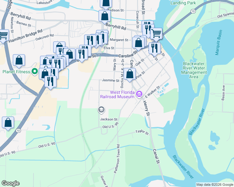 map of restaurants, bars, coffee shops, grocery stores, and more near 4989 Old Highway 90 in Milton