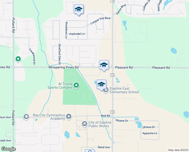 map of restaurants, bars, coffee shops, grocery stores, and more near 1 Jody Davis Circle in Daphne