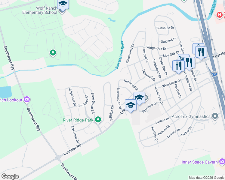 map of restaurants, bars, coffee shops, grocery stores, and more near 218 South Ridge Circle in Georgetown