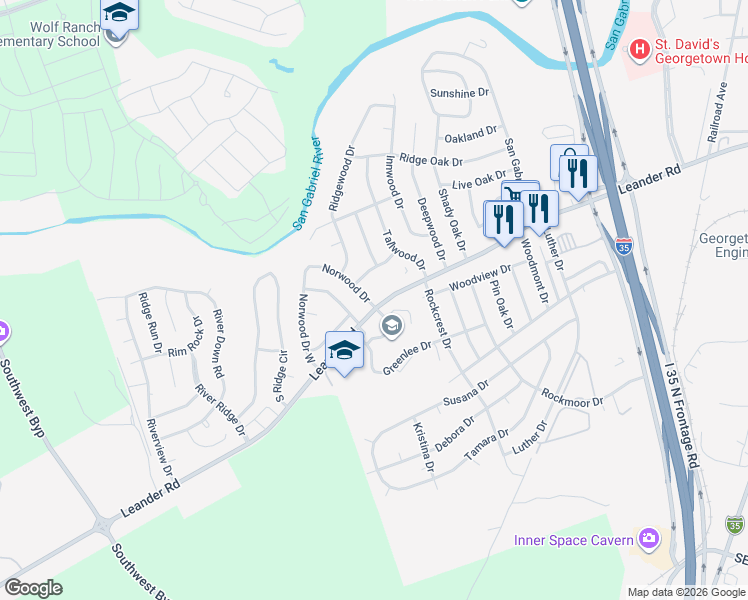 map of restaurants, bars, coffee shops, grocery stores, and more near 100 Norwood Drive in Georgetown