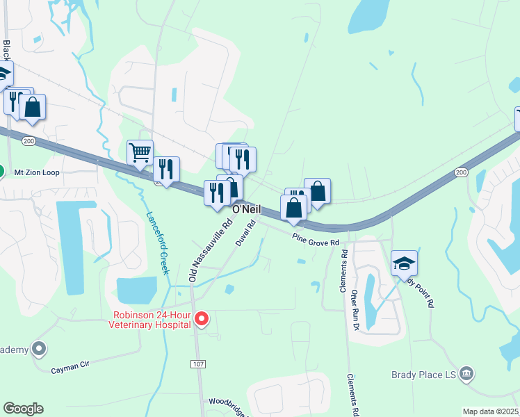map of restaurants, bars, coffee shops, grocery stores, and more near 463893 Florida 200 in Yulee