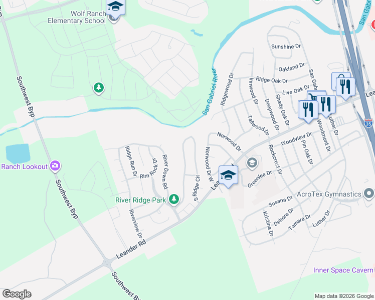 map of restaurants, bars, coffee shops, grocery stores, and more near 307 South Ridge Circle in Georgetown