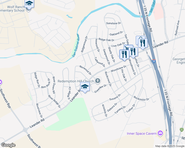 map of restaurants, bars, coffee shops, grocery stores, and more near 1504-1528 Leander Road in Georgetown