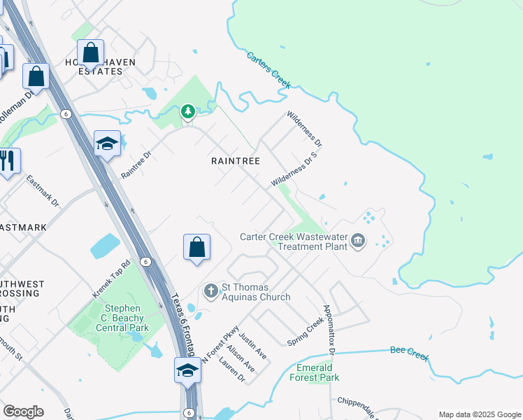 map of restaurants, bars, coffee shops, grocery stores, and more near Sumter Drive in College Station