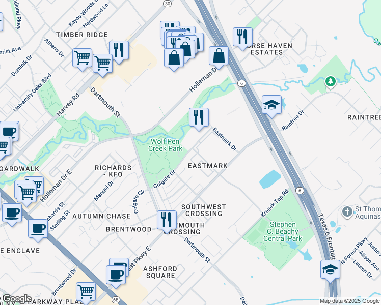 map of restaurants, bars, coffee shops, grocery stores, and more near 2000 Colgate Drive in College Station