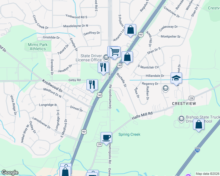 map of restaurants, bars, coffee shops, grocery stores, and more near 2115 Demetropolis Road in Mobile