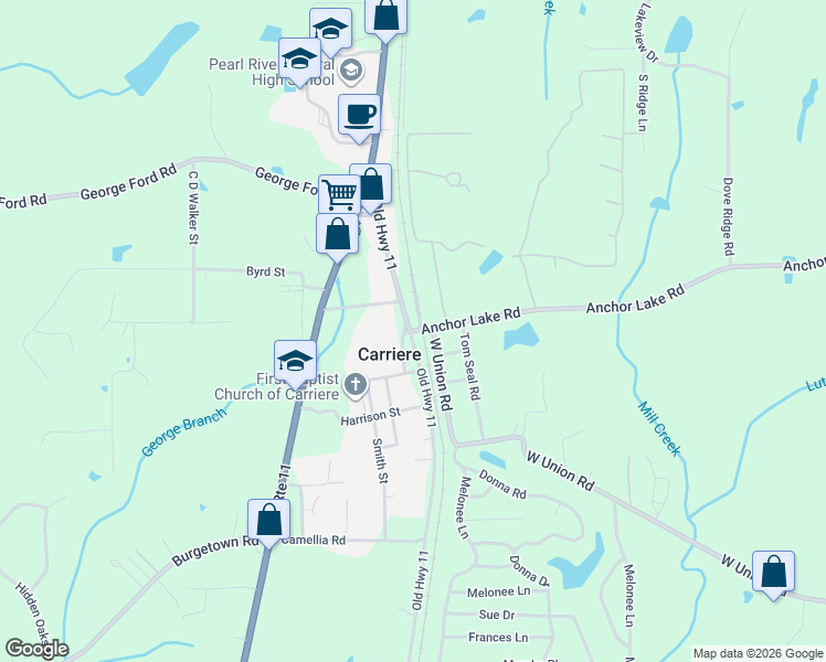 map of restaurants, bars, coffee shops, grocery stores, and more near 1-60 Stonebridge Road in Carriere
