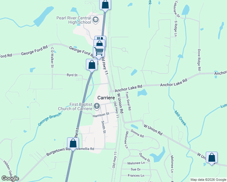 map of restaurants, bars, coffee shops, grocery stores, and more near 1-60 Stonebridge Road in Carriere