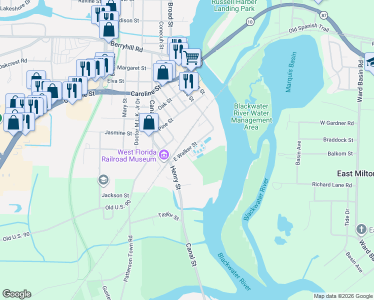 map of restaurants, bars, coffee shops, grocery stores, and more near 6872 East Walker Street in Milton