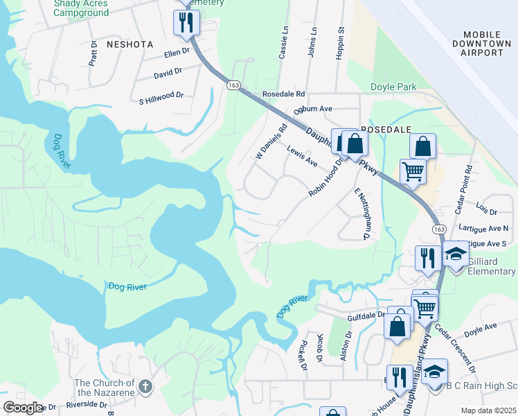 map of restaurants, bars, coffee shops, grocery stores, and more near 2570 South Daniels Road in Mobile