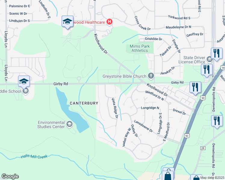 map of restaurants, bars, coffee shops, grocery stores, and more near 5601 Girby Road in Mobile