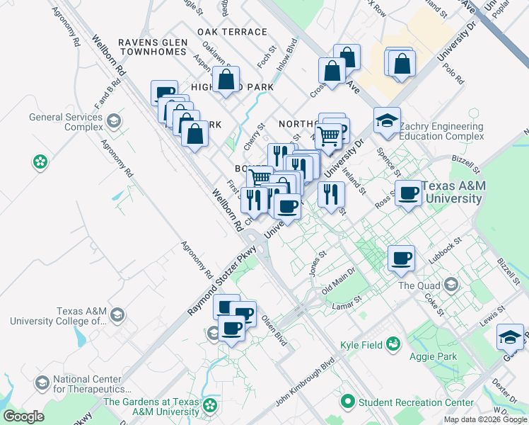map of restaurants, bars, coffee shops, grocery stores, and more near 303 Boyett Street in College Station