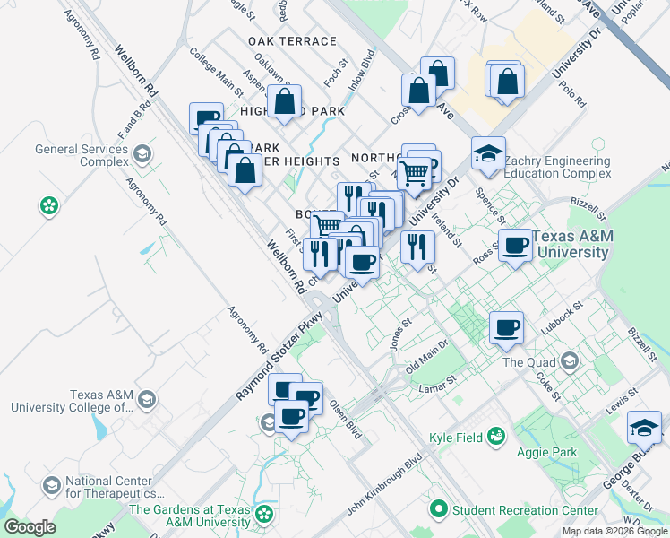 map of restaurants, bars, coffee shops, grocery stores, and more near 303 Boyett Street in College Station