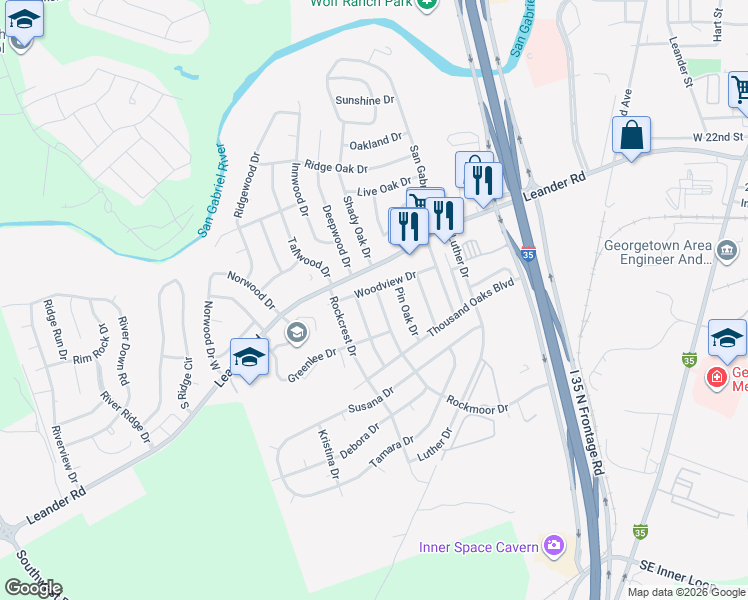 map of restaurants, bars, coffee shops, grocery stores, and more near 203 Rockmoor Drive in Georgetown