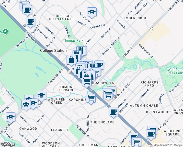 map of restaurants, bars, coffee shops, grocery stores, and more near 1701 Texas Avenue South in College Station