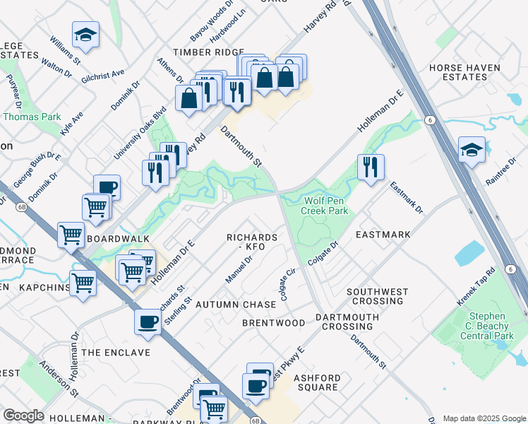 map of restaurants, bars, coffee shops, grocery stores, and more near 614 Holleman Drive East in College Station