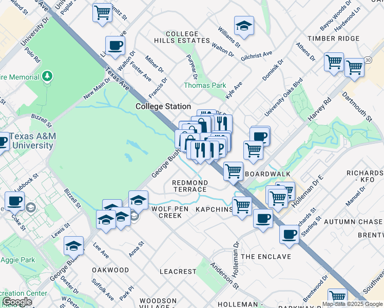 map of restaurants, bars, coffee shops, grocery stores, and more near in College Station