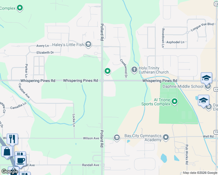 map of restaurants, bars, coffee shops, grocery stores, and more near 26920 Pollard Road in Daphne