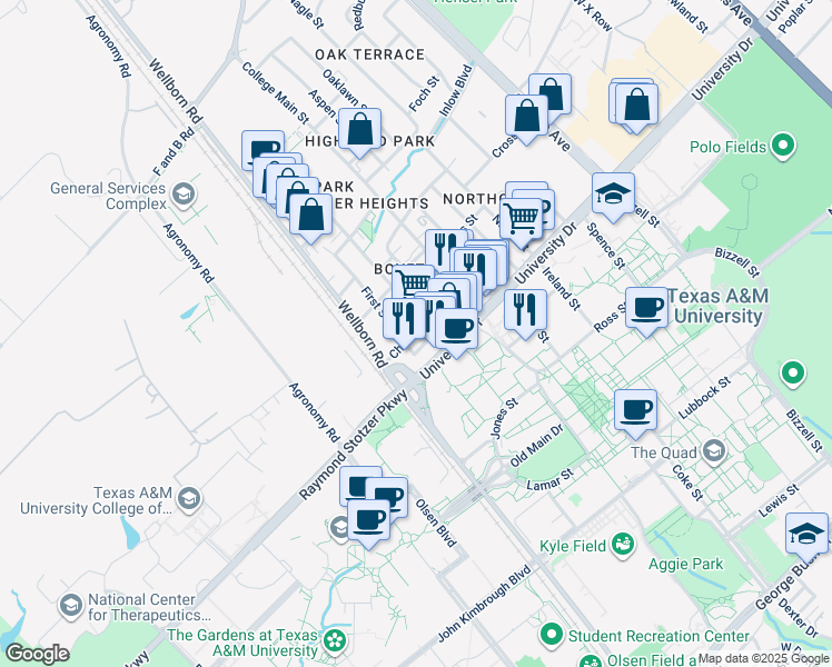 map of restaurants, bars, coffee shops, grocery stores, and more near 303 Boyett Street in College Station