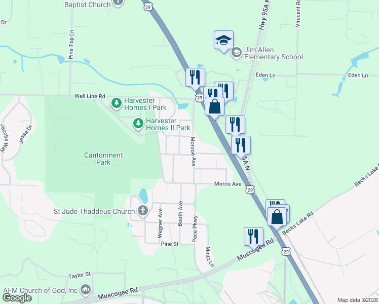 map of restaurants, bars, coffee shops, grocery stores, and more near 604 Booth Avenue in Cantonment