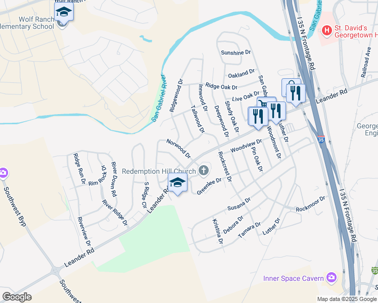 map of restaurants, bars, coffee shops, grocery stores, and more near 201 Norwood Drive in Georgetown