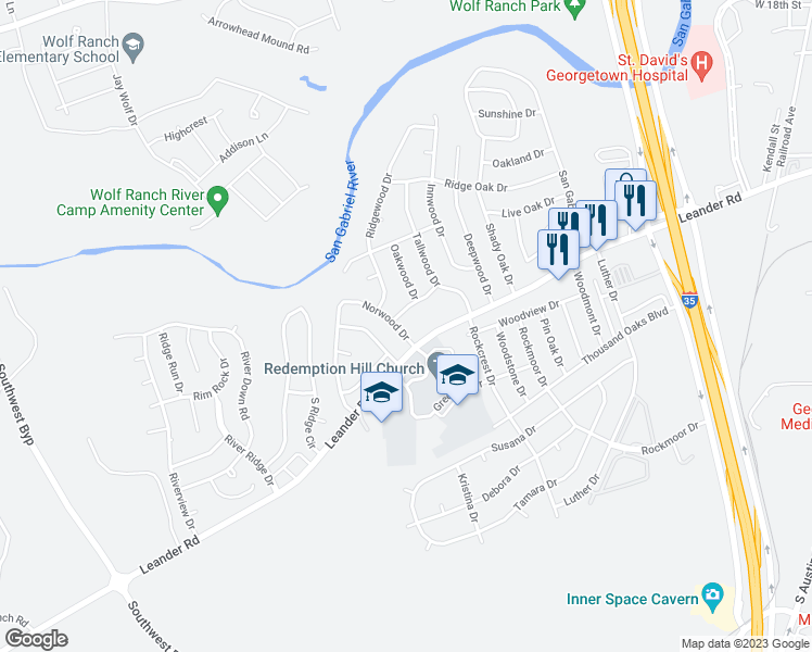 map of restaurants, bars, coffee shops, grocery stores, and more near 104 Norwood Drive in Georgetown