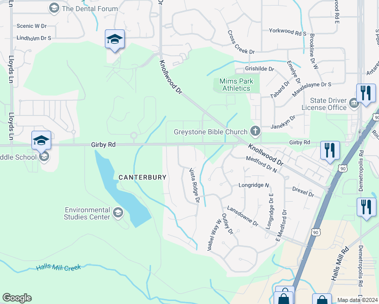 map of restaurants, bars, coffee shops, grocery stores, and more near 5601 Girby Road in Mobile