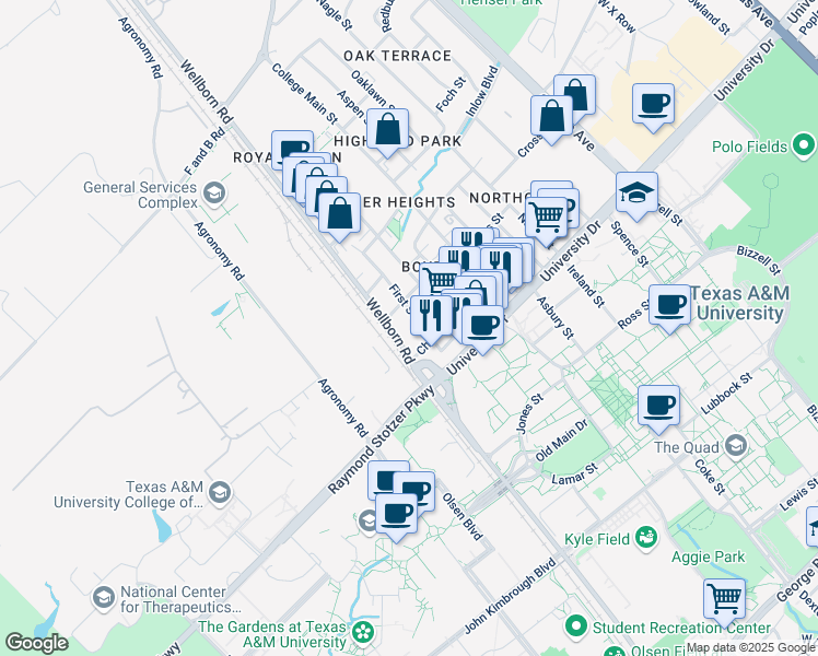 map of restaurants, bars, coffee shops, grocery stores, and more near 315 1st Street in College Station