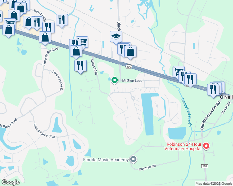 map of restaurants, bars, coffee shops, grocery stores, and more near 217 Nassau Lakes Circle in Yulee