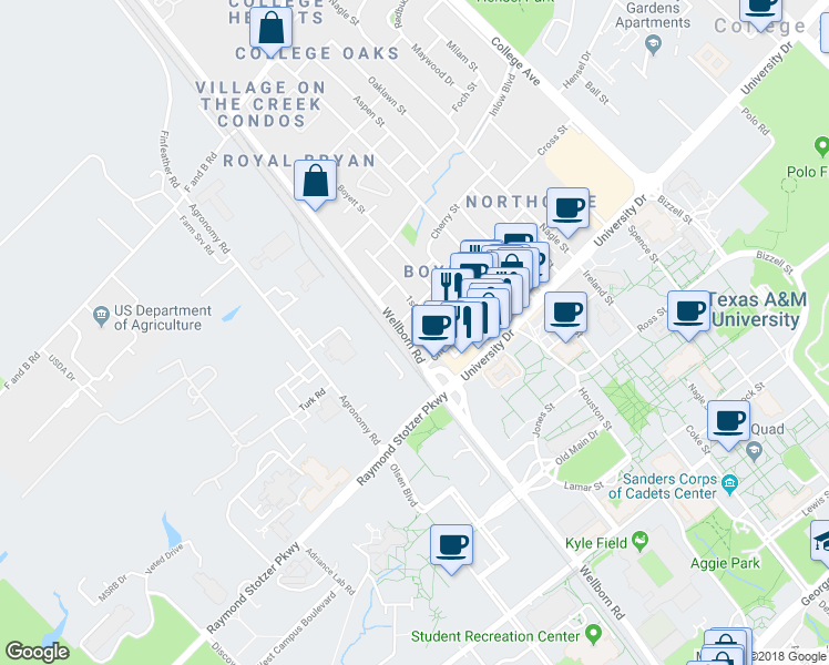map of restaurants, bars, coffee shops, grocery stores, and more near 315 1st Street in College Station