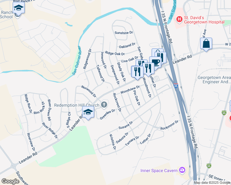 map of restaurants, bars, coffee shops, grocery stores, and more near 904 Woodview Drive in Georgetown