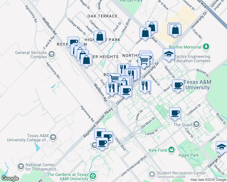 map of restaurants, bars, coffee shops, grocery stores, and more near 303 Boyett Street in College Station