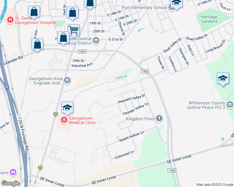 map of restaurants, bars, coffee shops, grocery stores, and more near 301 Valley Drive in Georgetown