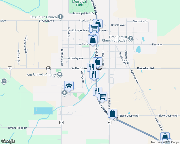 map of restaurants, bars, coffee shops, grocery stores, and more near 3100 South Hickory Lane in Loxley