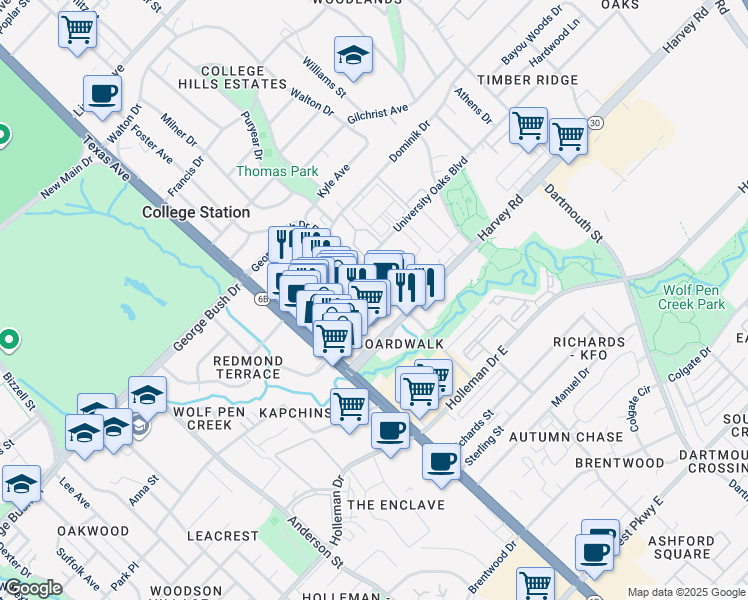 map of restaurants, bars, coffee shops, grocery stores, and more near 1700 George Bush Drive East in College Station