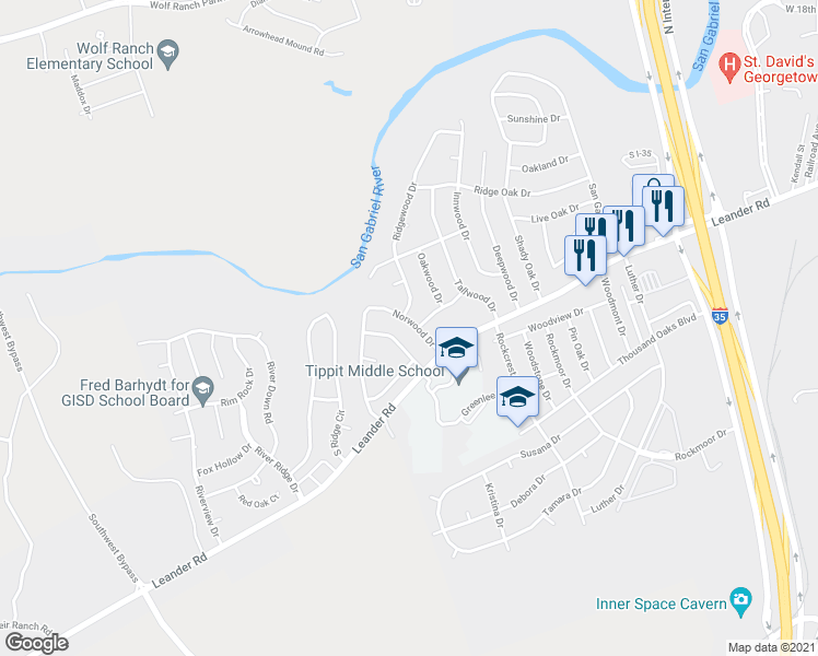 map of restaurants, bars, coffee shops, grocery stores, and more near 201 Norwood Drive in Georgetown