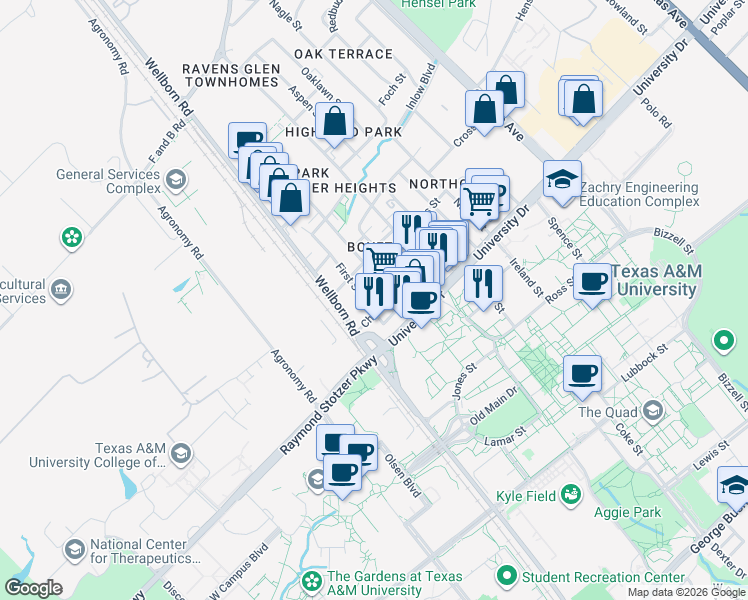 map of restaurants, bars, coffee shops, grocery stores, and more near 303 Boyett Street in College Station