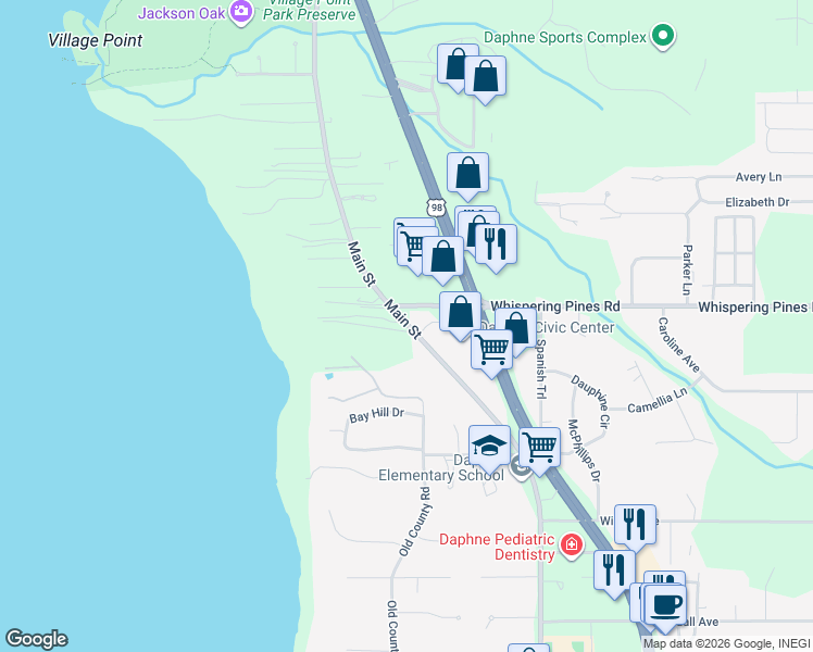 map of restaurants, bars, coffee shops, grocery stores, and more near 2601 Main Street in Daphne