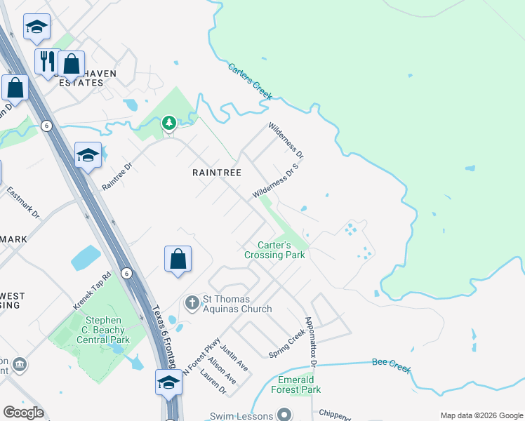 map of restaurants, bars, coffee shops, grocery stores, and more near 8201 Raintree Drive in College Station
