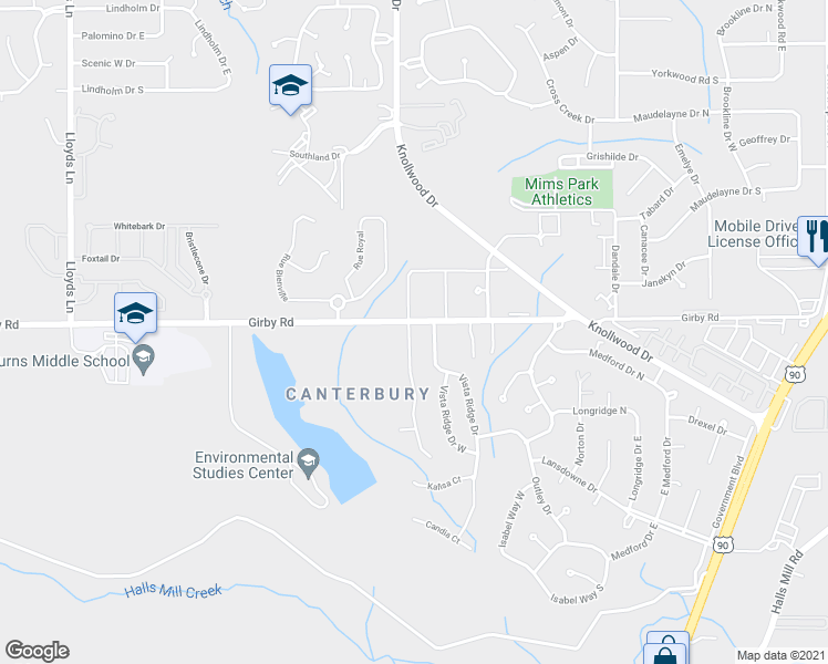 map of restaurants, bars, coffee shops, grocery stores, and more near 3505 Pepper Ridge Drive in Mobile