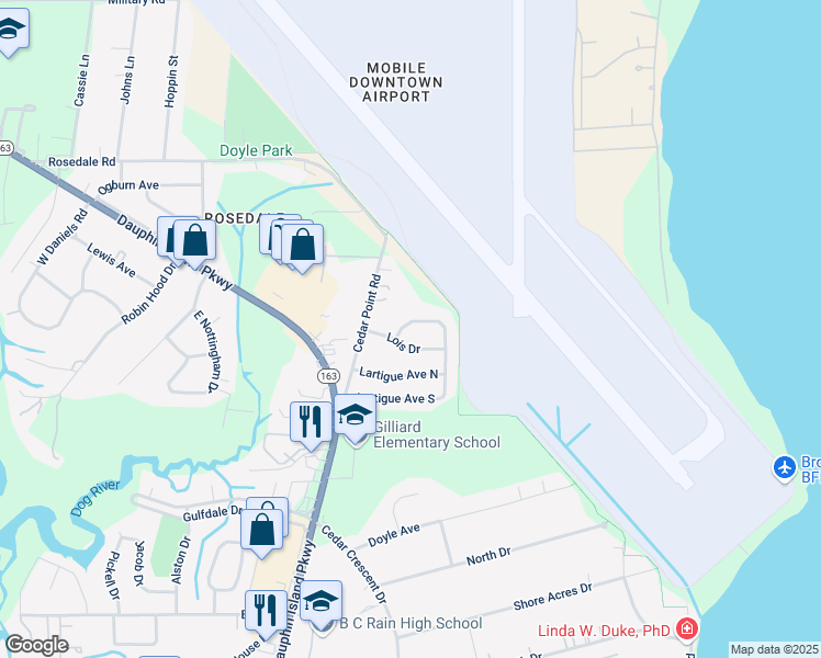 map of restaurants, bars, coffee shops, grocery stores, and more near 1523 Airview Drive in Mobile
